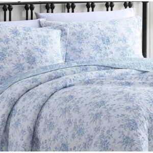 Laura Ashley ~ KING ~ Blue Walled Garden 3pc Quilt Set Reversible 100% Cotton